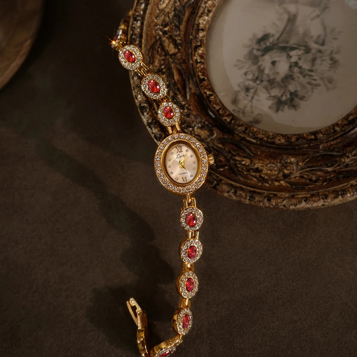 French Vintage Emerald and Ruby Elegant Oval Face Quartz Watch