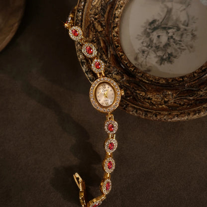 French Vintage Emerald and Ruby Elegant Oval Face Quartz Watch