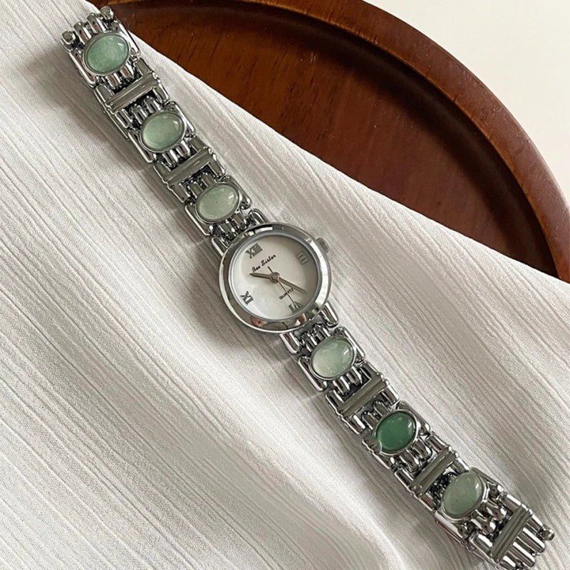 French Vintage Elegant Round Face Green Jade Quartz Watch