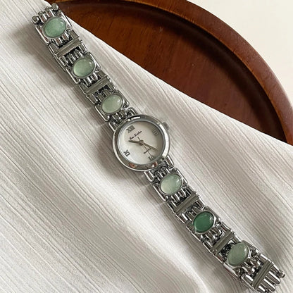 French Vintage Elegant Round Face Green Jade Quartz Watch