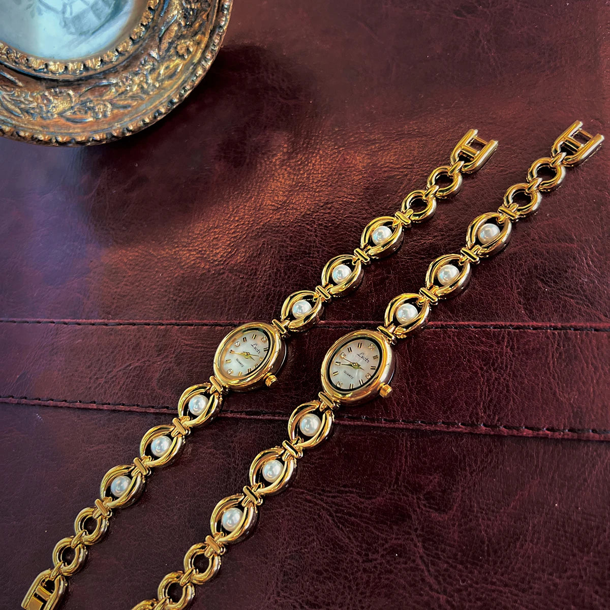 French Vintage Elegant Oval Face Pearl and Emerald Quartz Watch