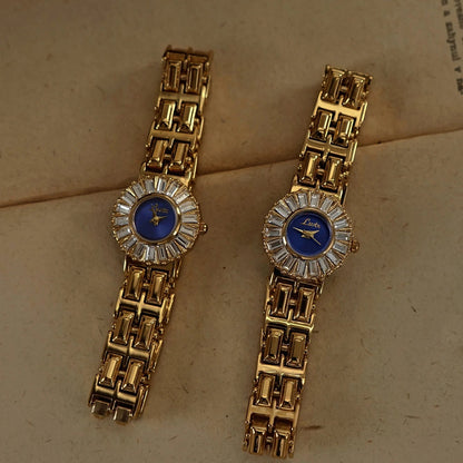 French Vintage Elegant Round Blue Face Quartz Watch