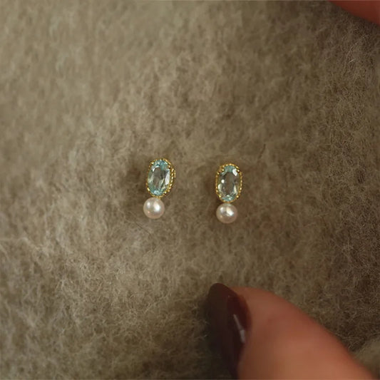 925 Sterling Silver Blue Zircon Pearl Stud Earrings
