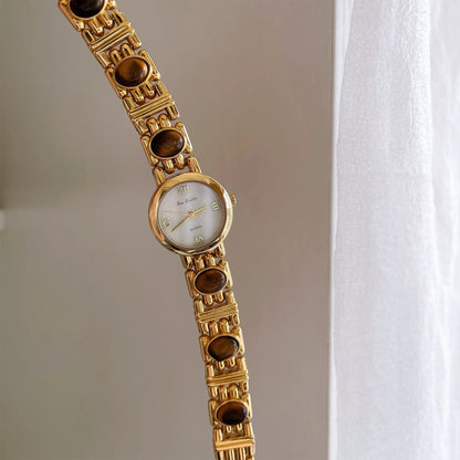 French Vintage Elegant Round Face Brown Tiger Eye Watch
