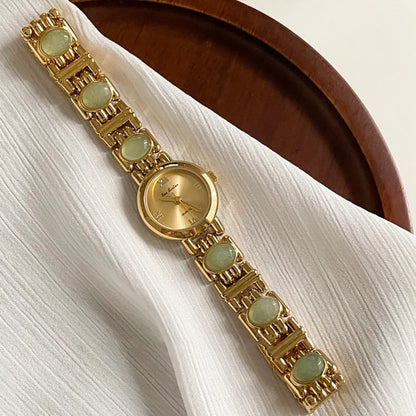French Vintage Elegant Round Face Green Jade Quartz Watch