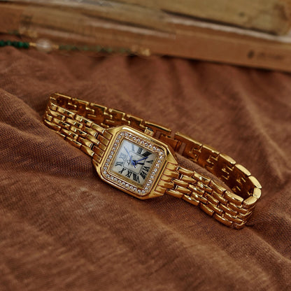 French Vintage Elegant Square Face With Inlaid Rhinestone Gold Quartz Watch