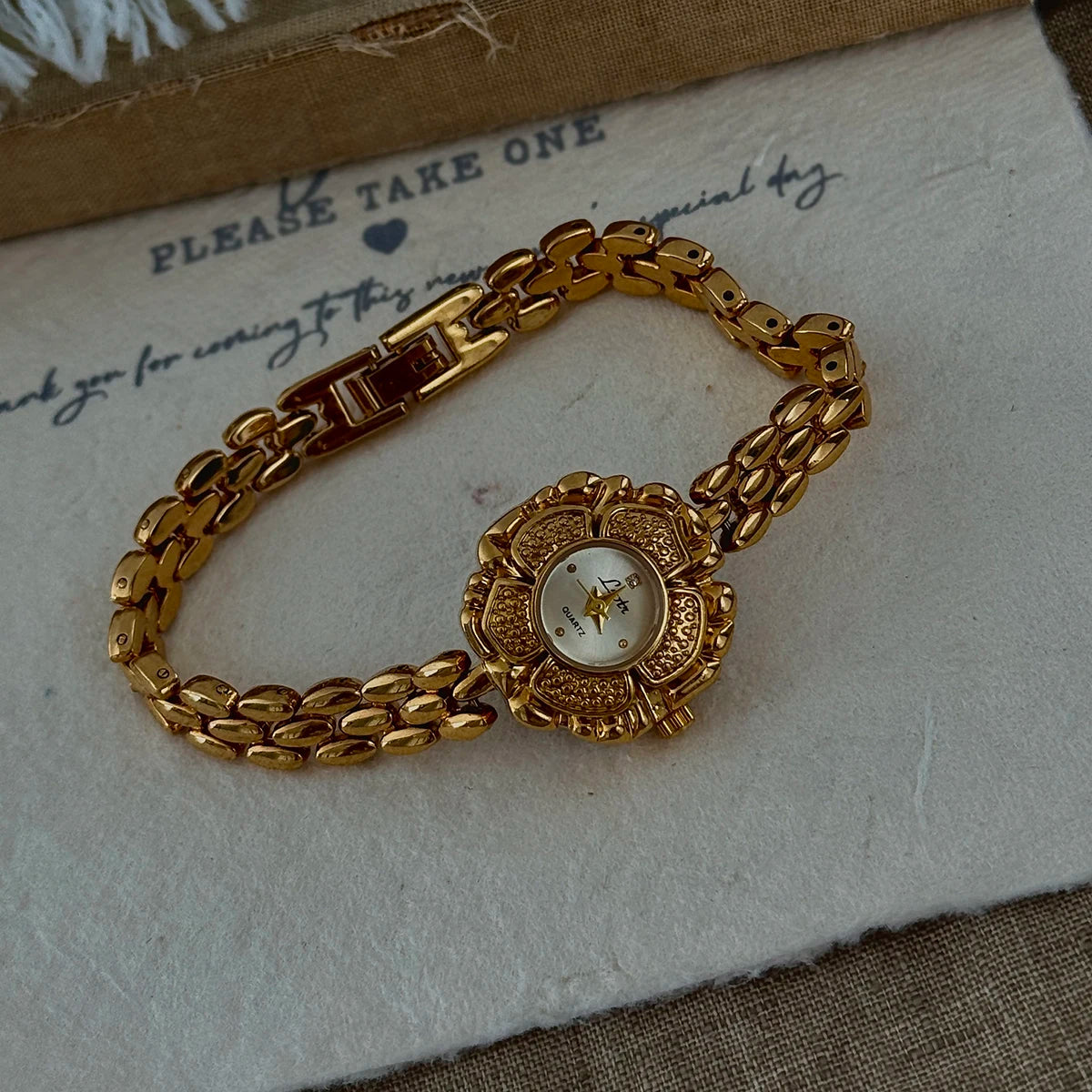 French Vintage Elegant Camellia Flower Round Face Gold Quartz Watch