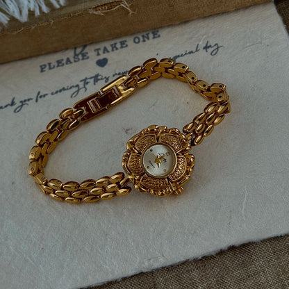 French Vintage Elegant Camellia Flower Round Face Gold Quartz Watch