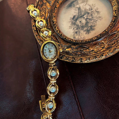 French Vintage Elegant Oval Face Pearl and Emerald Quartz Watch