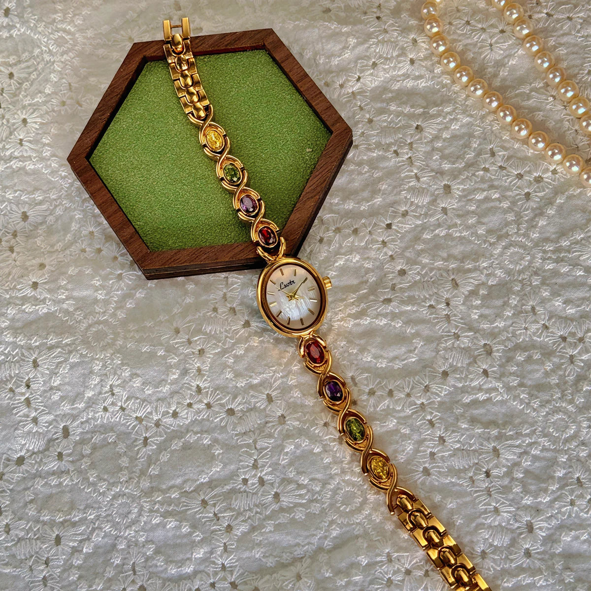 French Vintage Elegant Oval Face Colourful Tourmalines Quartz Watch