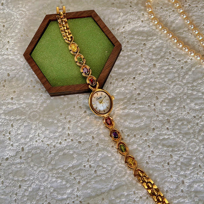 French Vintage Elegant Oval Face Colourful Tourmalines Quartz Watch