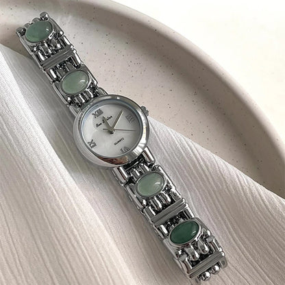 French Vintage Elegant Round Face Green Jade Quartz Watch