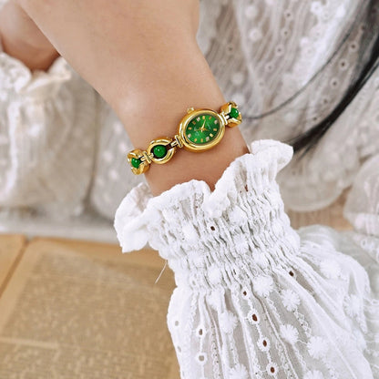 French Vintage Elegant Oval Face Pearl and Emerald Quartz Watch