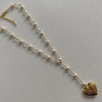 Coquette Pearl Heart Locket Pendant Necklace