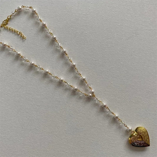 Coquette Pearl Heart Locket Pendant Necklace