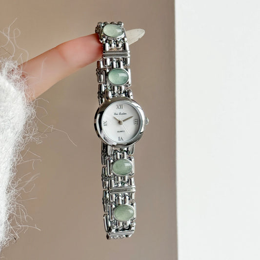 French Vintage Elegant Round Face Green Jade Quartz Watch