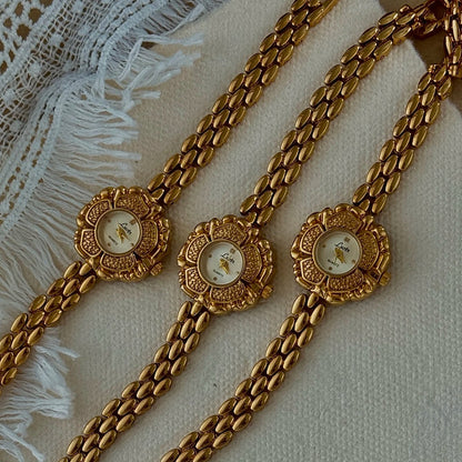 French Vintage Elegant Camellia Flower Round Face Gold Quartz Watch