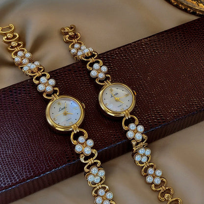 French Vintage Elegant Round Face Pearl Cluster Quartz Watch