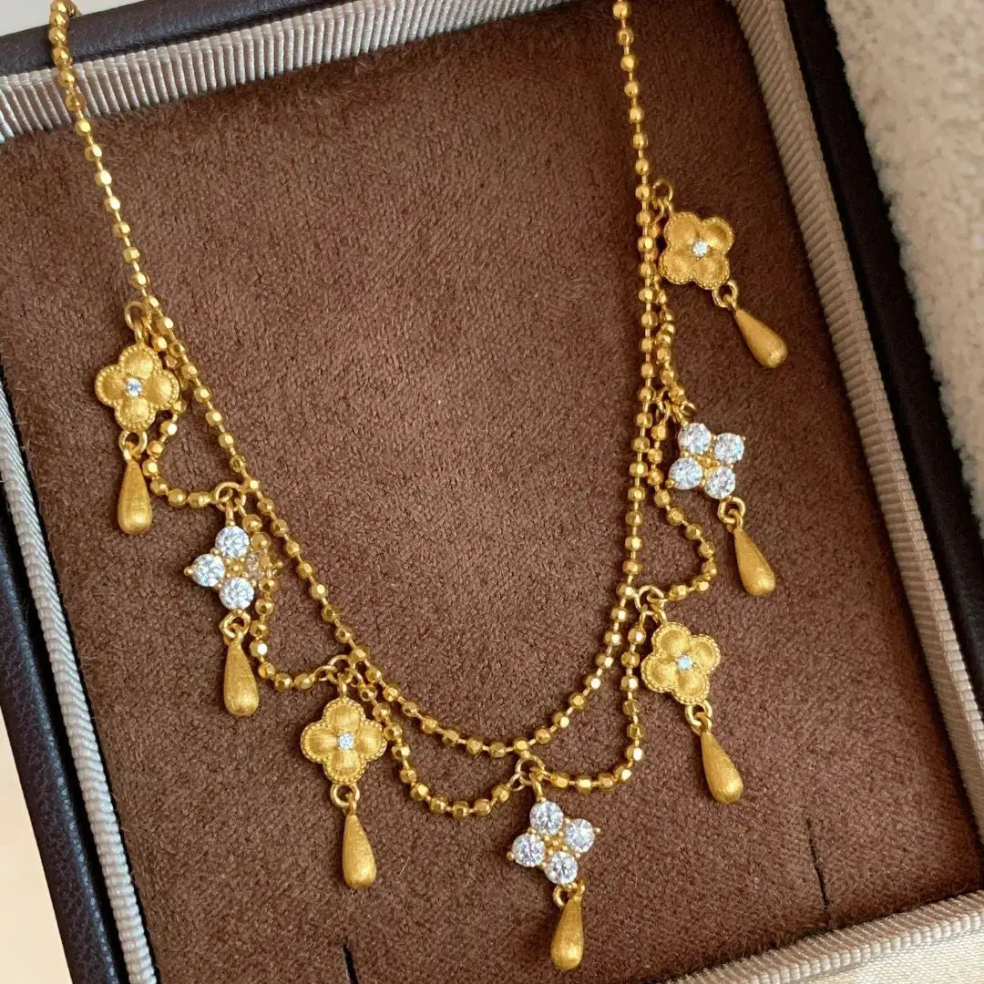 French Vintage Water Droplet Tassel Four-Leaf Clover Necklace