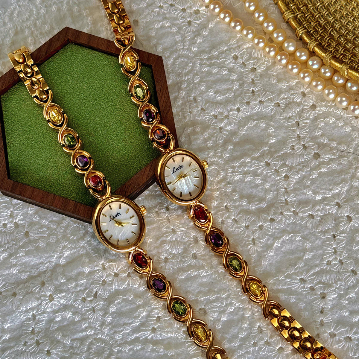French Vintage Elegant Oval Face Colourful Tourmalines Quartz Watch