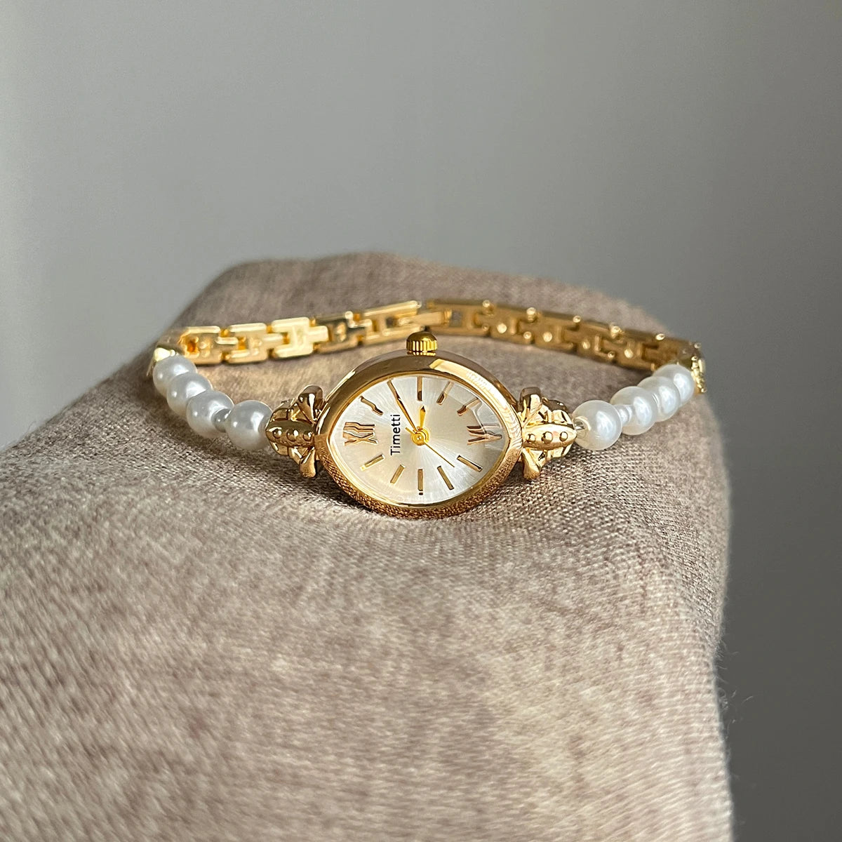 French Vintage Elegant Marquise Face Pearl Quartz Watch