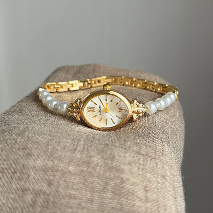 French Vintage Elegant Marquise Face Pearl Quartz Watch