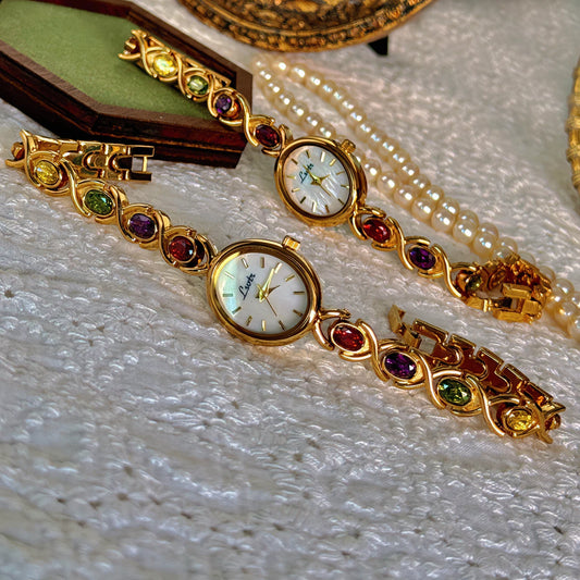 French Vintage Elegant Oval Face Colourful Tourmalines Quartz Watch