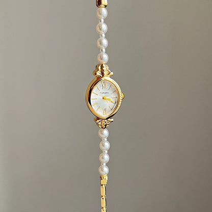 French Vintage Elegant Marquise Face Pearl Quartz Watch