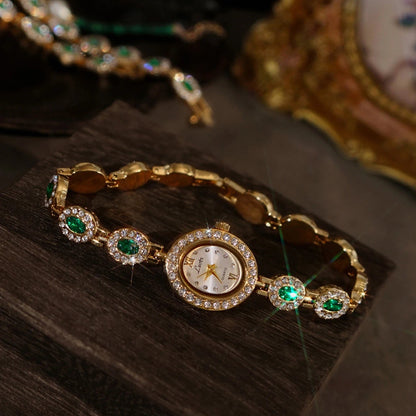 French Vintage Emerald and Ruby Elegant Oval Face Quartz Watch