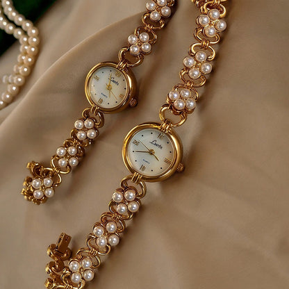 French Vintage Elegant Round Face Pearl Cluster Quartz Watch