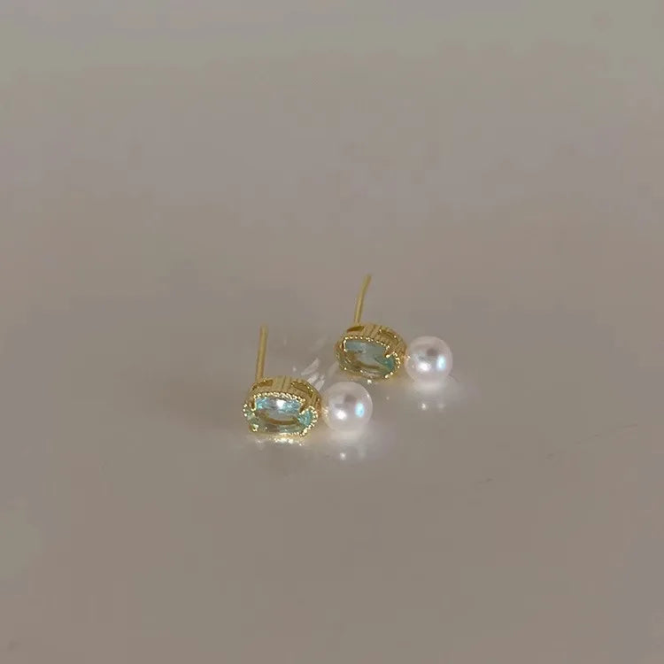 925 Sterling Silver Blue Zircon Pearl Stud Earrings