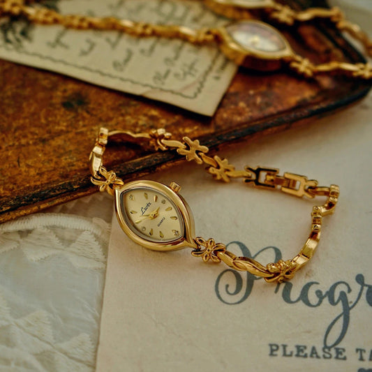 French Vintage Elegant Marquise Face Gold Quartz Watch