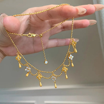 French Vintage Water Droplet Tassel Four-Leaf Clover Necklace