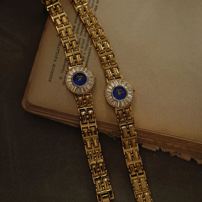 French Vintage Elegant Round Blue Face Quartz Watch
