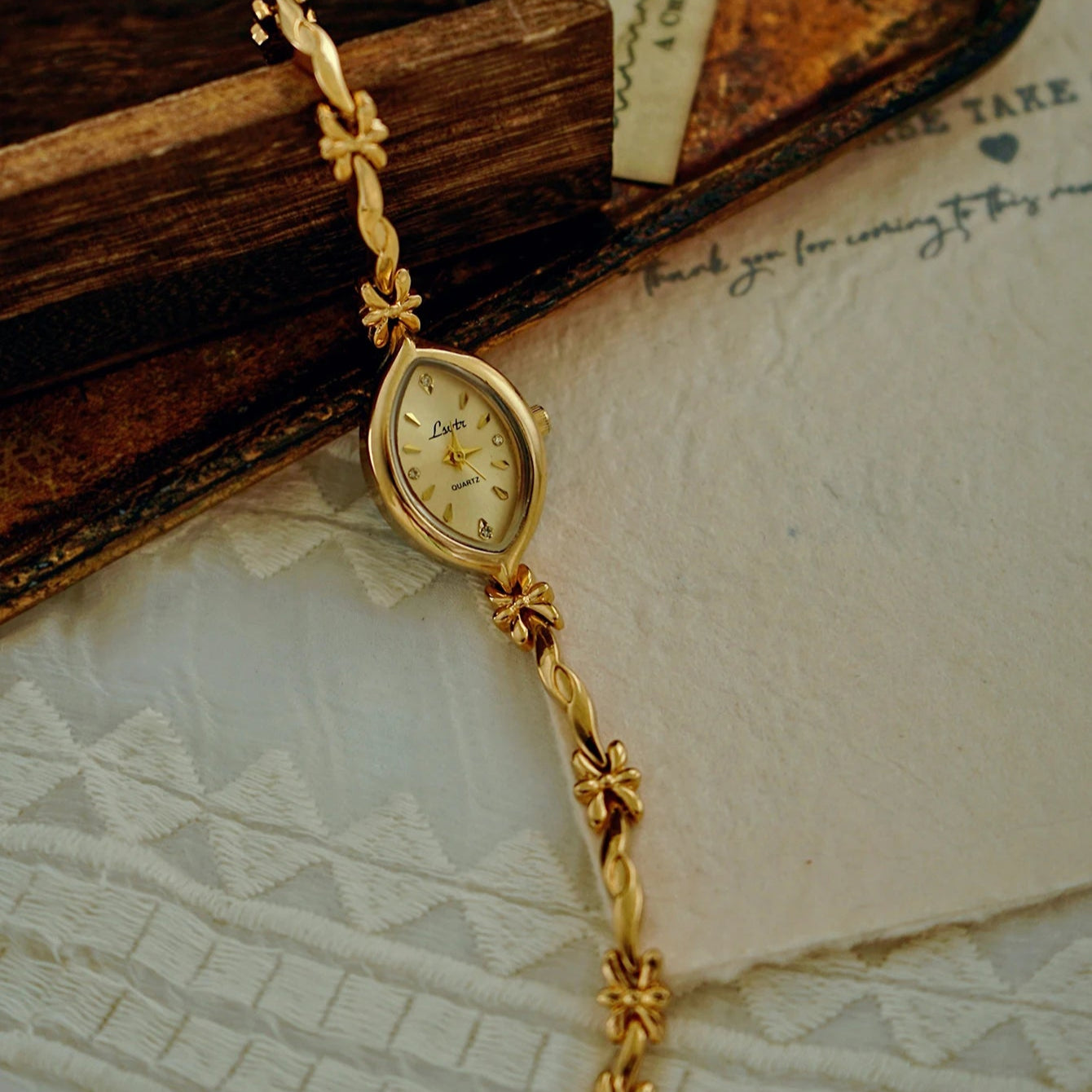 French Vintage Elegant Marquise Face Gold Quartz Watch