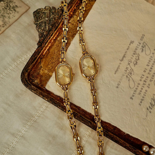 French Vintage Elegant Oval Face Gold Quartz Watch