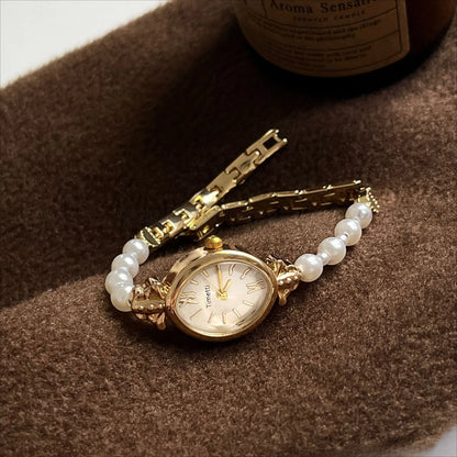 French Vintage Elegant Marquise Face Pearl Quartz Watch