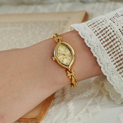 French Vintage Elegant Marquise Face Gold Quartz Watch