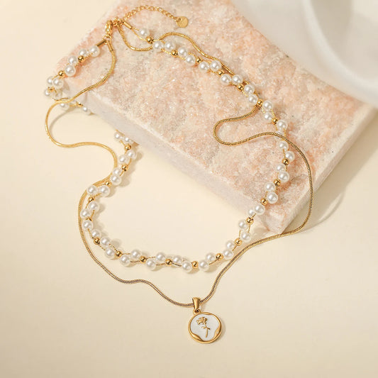 Coquette Double Layered Pearl Rose Pendant Necklace