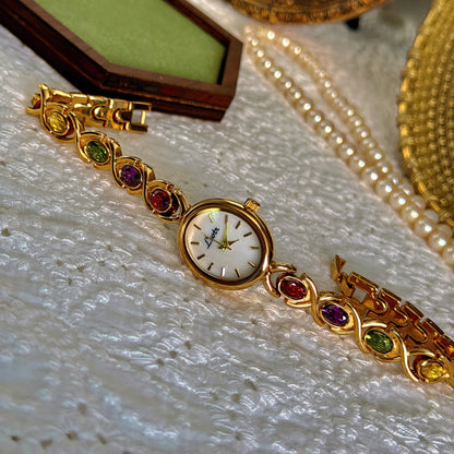 French Vintage Elegant Oval Face Colourful Tourmalines Quartz Watch