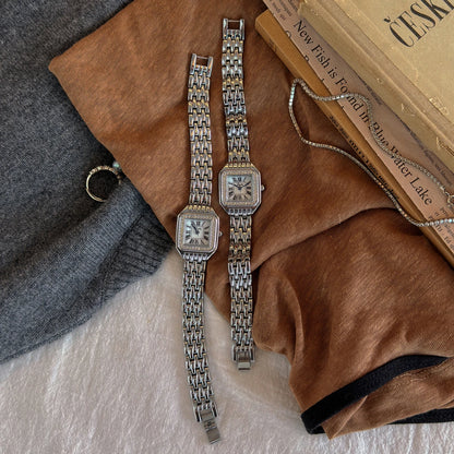 French Vintage Elegant Square Face With Inlaid Rhinestone Gold Quartz Watch