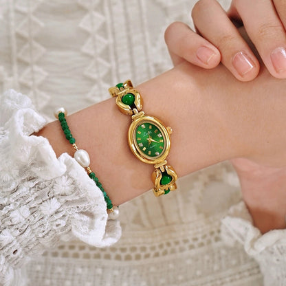 French Vintage Elegant Oval Face Pearl and Emerald Quartz Watch