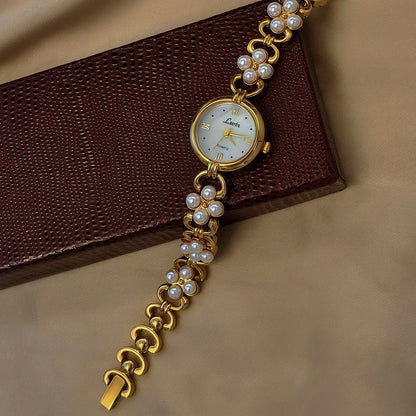 French Vintage Elegant Round Face Pearl Cluster Quartz Watch