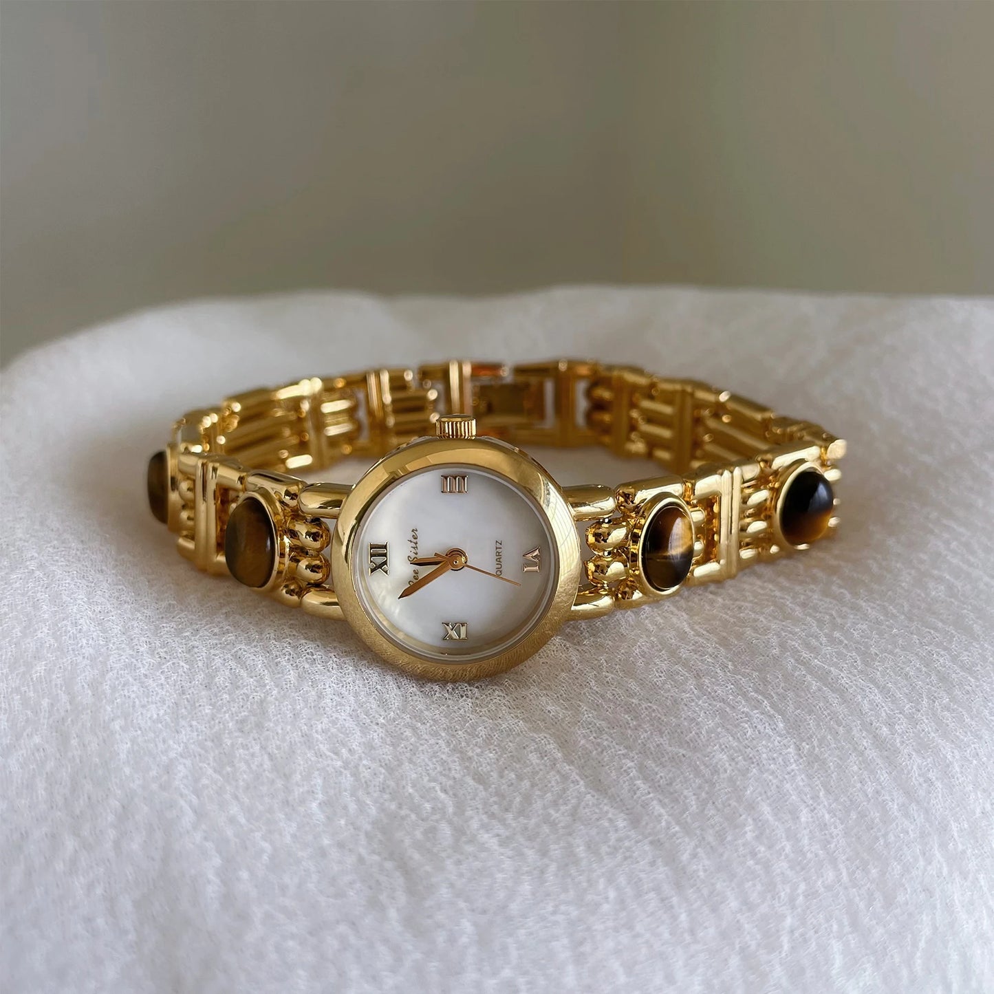 French Vintage Elegant Round Face Brown Tiger Eye Watch