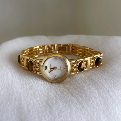 French Vintage Elegant Round Face Brown Tiger Eye Watch