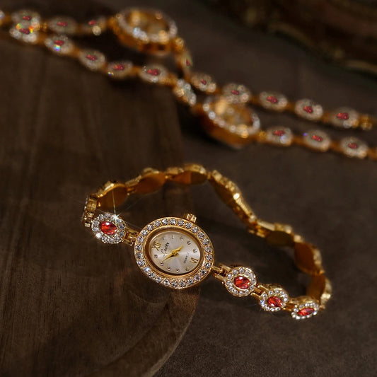French Vintage Emerald and Ruby Elegant Oval Face Quartz Watch