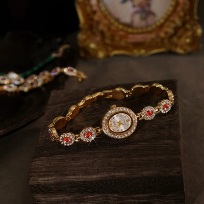 French Vintage Emerald and Ruby Elegant Oval Face Quartz Watch