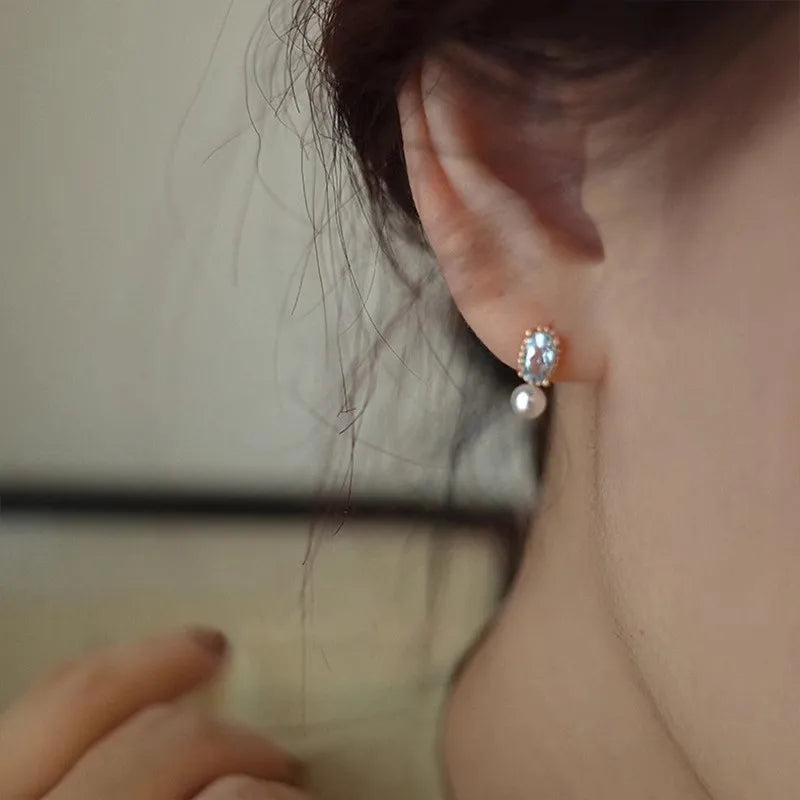 925 Sterling Silver Blue Zircon Pearl Stud Earrings