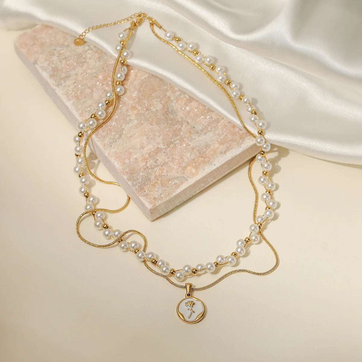 Coquette Double Layered Pearl Rose Pendant Necklace