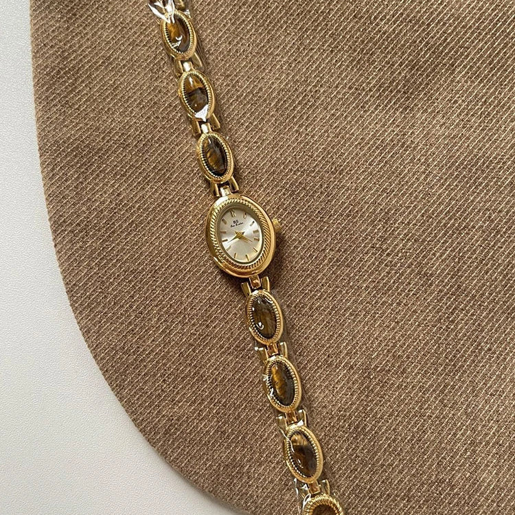 French Vintage Elegant Oval Face Brown Tiger Eye Watch